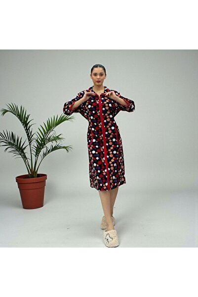 Şahteks Kadın Boydan Fermuarlı Cepli Kuşaklı Baskılı Kadife Sabahlık