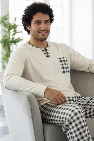 Pijamaevi Ecru Patterned Stylish Men's Long Sleeve Pajama Set