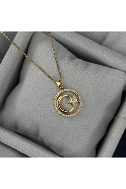 316L Steel Zircon Gemstone Moon Star Necklace Gold/40+5 cm