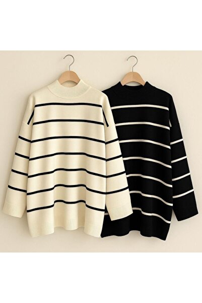 threeoff Pachet de 3 pulovere tricotate oversize cu dungi alb-negru