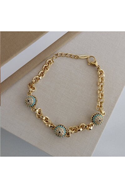 LENTE AKSESUAR 14K Altın Kaplama Zirkon Taşlı Nazar Boncuklu Doç Zincir Kadın...