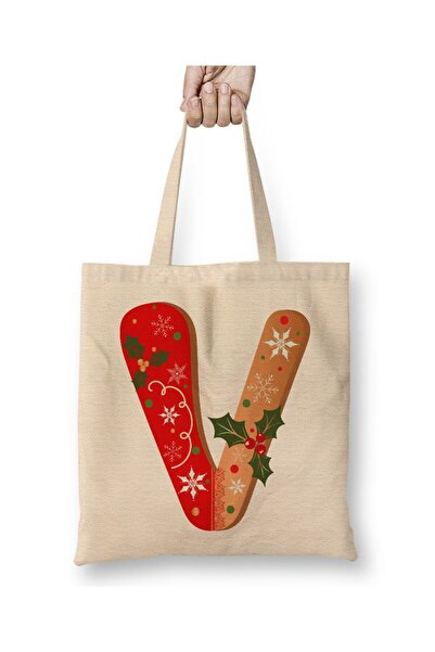 Toyaso Letter V White Cloth Bag Long Handle Shopping Bag Beach Bag