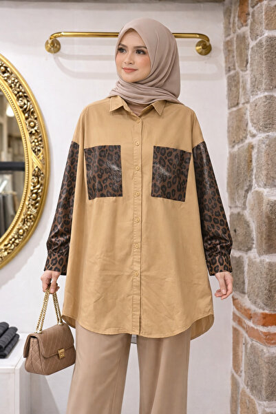 EB SCARF Leopard Detailed Jacquard Long Linen Shirt