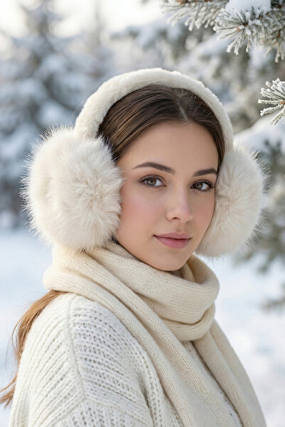 Kapin Ecru Fur Plush Pompom Earmuffs - Winter Warm Earmuffs