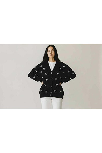 EREN STYLE Bow Patterned Steel Knitted Sweater V-Neck Cardigan