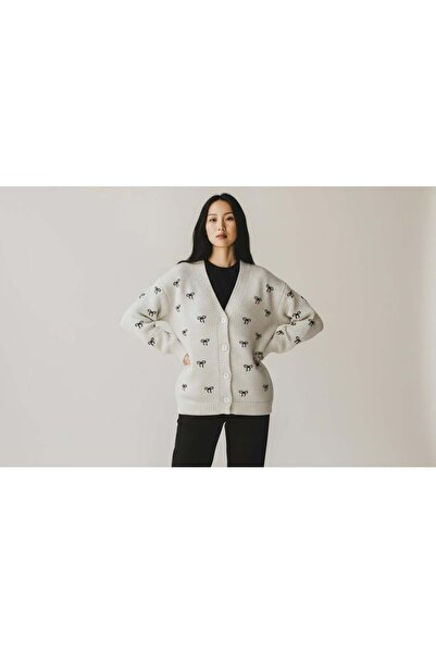 EREN STYLE Bow Patterned Steel Knitted Sweater V-Neck Cardigan