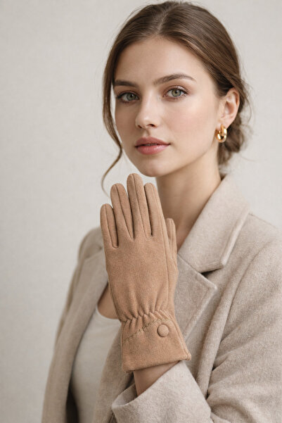 Şirin Giyim Aksesuar Kaşe Gloves Beige Women's Button Embroidery Detail - Tou...