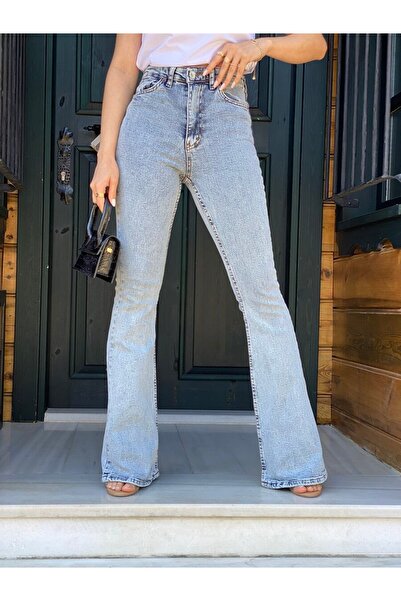 TugsatTasarTekstil Asian Light Blue Snow Wash Extra High Waist Flared Flare J...