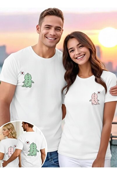 one button Tricou unisex drăguț cu imprimeu cu dinozauri, combinație de cuplu...