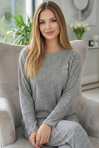 Pijamaevi Melanj Rabbit Patterned Long Sleeve Seoul Knitted Women's Pajama Set