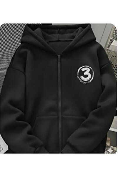 COHERENT للجنسين - كارديجان أسود ثلاثي خاص لشتاء مطبوع قصة فضفاضة بغطاء رأس م...