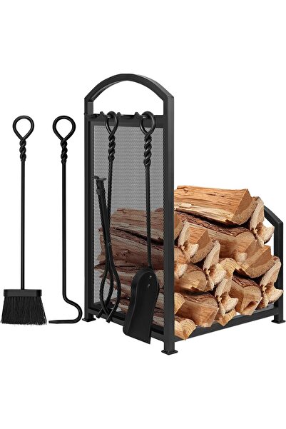 AyrStore 5 Li Ithal Metal Odunluklu Tel Detaylı Şömine-Soba Maşa Takımı Akses...