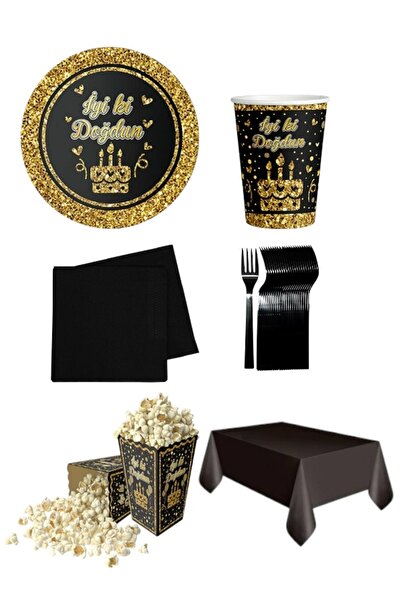 CAVAŞ sun hat 8-Person Gold Gilded Black Party Set - 6 Piece'Happy Birthday' ...