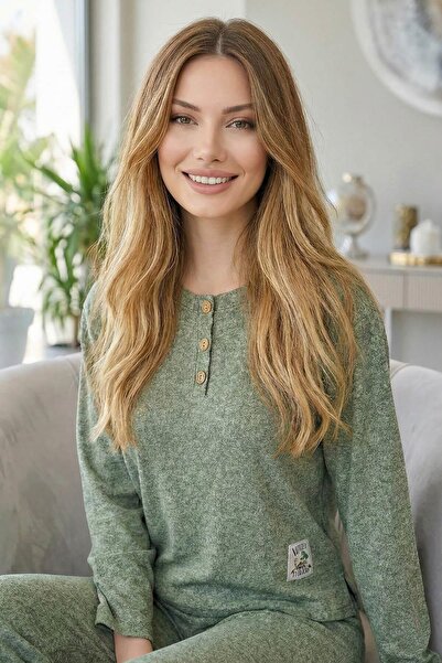 Pijamaevi Khaki Happy Patterned Long Sleeve Seoul Knitted Women's Pajama Set