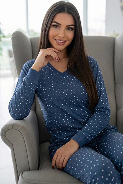 Pijamaevi Indigo Point Patterned Long Sleeve Bamboo Knitted Women's Pajama Set