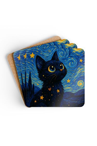 BASKIBAZAR Since 2020 Starry Nights Cat Printed 4-Piece Wooden Coaster Set, 5...