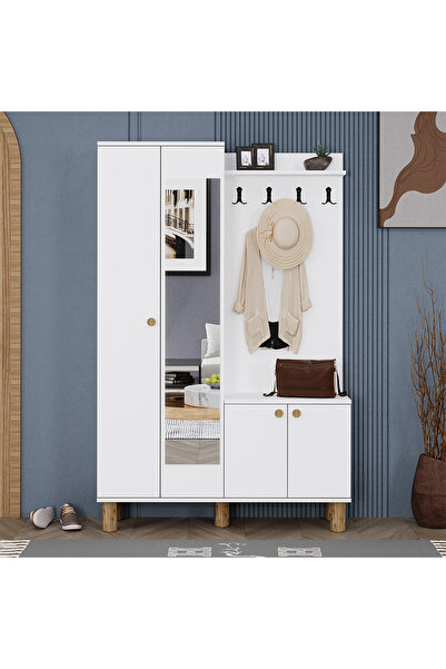 Kalender Dekor Zeynep Bohem Ayaklı Aynalı Portmanto Vestiyer Ayakkabılık Beyaz