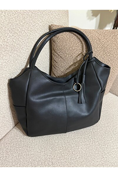 ALTUNAY Halka Püsküllü Büyük Boy Siyah Kadın Suni Deri Fermuarlı Omuz Çantası