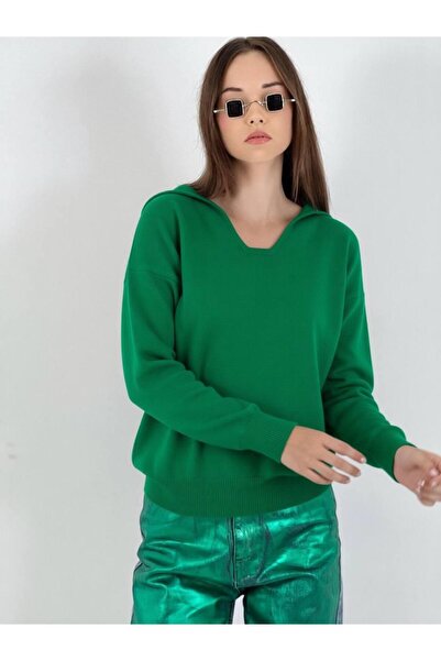 Miss Poem Women's Oversized V-Neck Long Winter Green Knitwear Sweater