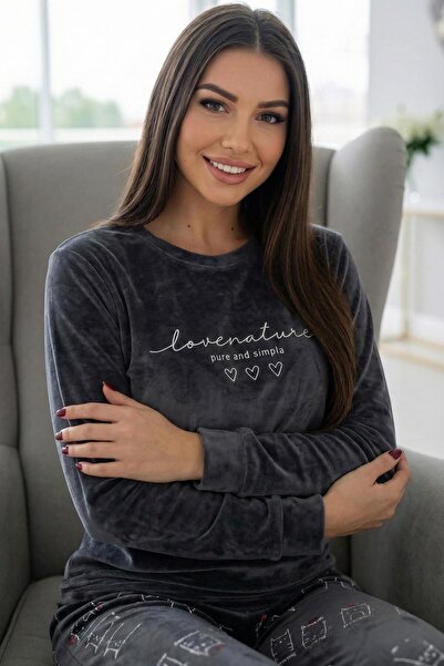 Pijamaevi Anthracite Love Patterned Exclusive Velvet Women's Pajama Set