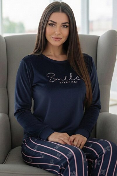 Pijamaevi Navy Blue White Smile Patterned Exclusive Velvet Women's Pajama Set