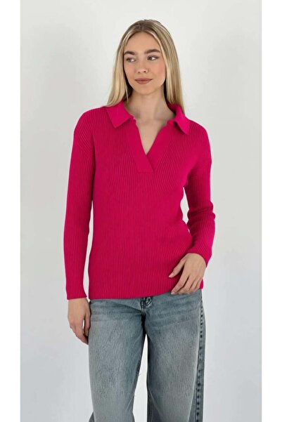 Miss Poem Women's Winter V-Neck Fuchsia Knitwear Sweater