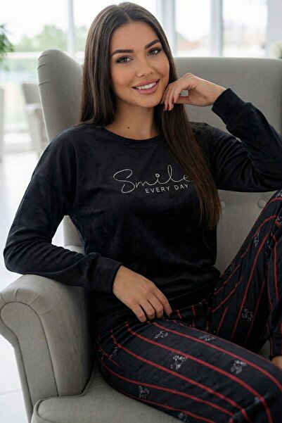 Pijamaevi Black Smile Patterned Exclusive Velvet Women's Pajama Set