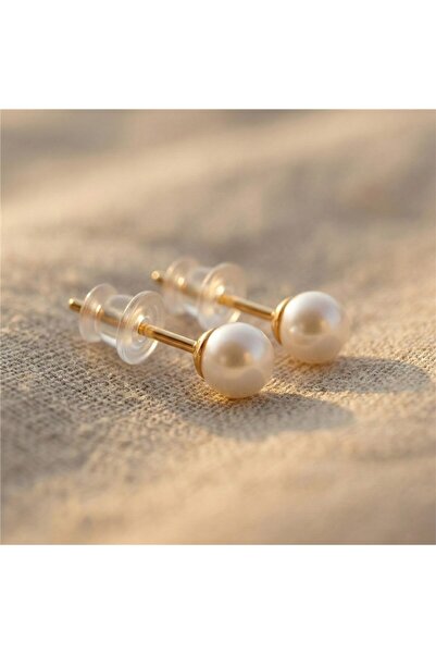 Zeino Küçük Top Beyaz İnci Küpe - 14k Altın Rengi Kaplama, 6 mm çap