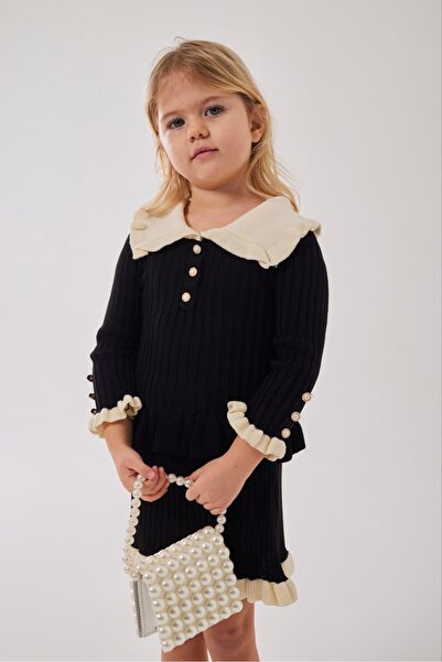 Pinkitokids Collar Detailed Knitwear Girl's Set-Black
