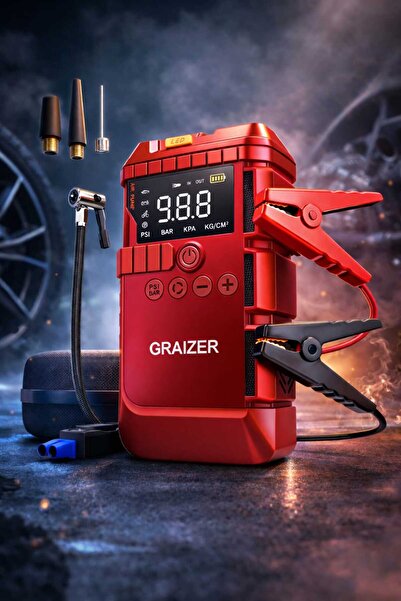 Graizer Pro K 12000 Mah Akü Takviye Cihazi + Lastik Şişirme Hava Kompresörü L...