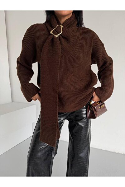 Evim Sepeti Loose Knit Comfortable Fit Knitwear Blouse with Scarf Detail Acce...