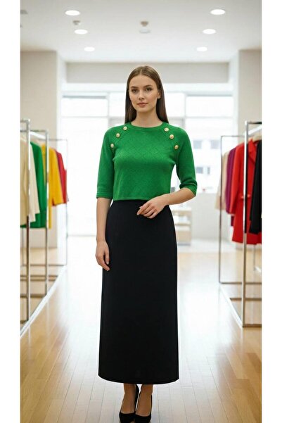 Miss Poem Women's Green Half Sleeve Accessory Buttoned Knitwear Sweater