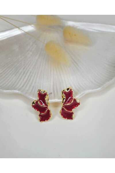 Ivory Pearl Enameled Steel Earrings with Red Rose Petal Design. Gift