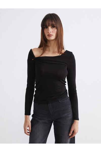 LC Waikiki Black Boat Neck Gathered Blouse