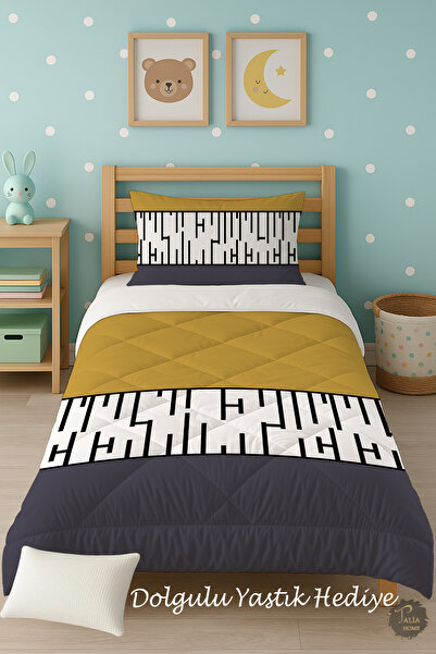 Talia Home Mustard Gray Patterned Single Children's Quilt Sleeping Set Tlag-328