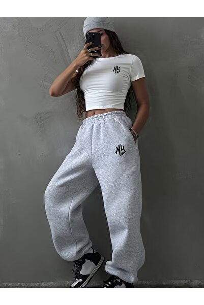 darkopia Women's Ny Printed Baby Tee Combed Cotton Crop and Sweatpants - Two ...