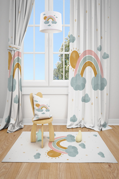 Talia Home Pastel Gökkuşağı Desenli Çocuk ve Bebek Odası 2 Kanat Fon Perde TL...