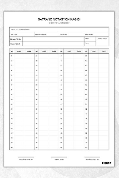 Ficksy Chess Notation Paper - A4 Size - 30 Sheets - Chess Notation Sheet - Ch...
