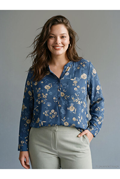 LC Waikiki Lacivert Kaçık Yaka Çiçekli Bluz