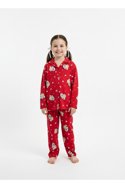 GUM GUM KİDS طقم بيجامة للأم والطفل بأزرار حمراء 100% قطن بنمط دمية دب