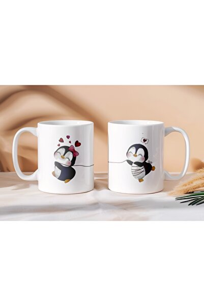 Beramussa Two Mugs – Double Heart Striped Penguin Design Mugs – Valentine's D...