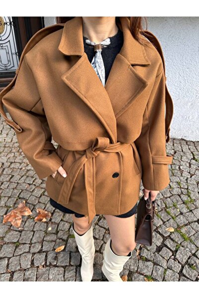 Lunea Womens Women's Tan Oversized Belted Pocket Short Coat