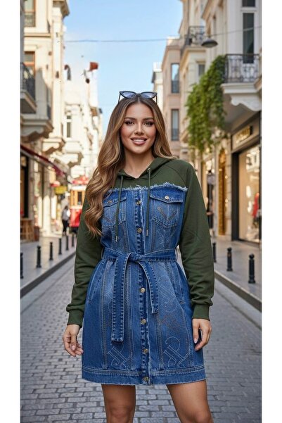 RED WOMAN FASHİON Denim Detailed Hooded Dress