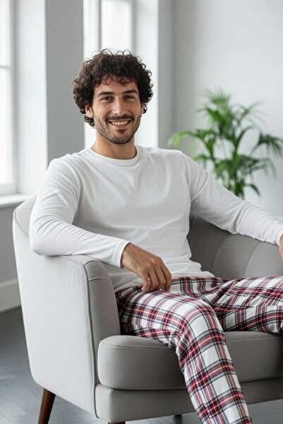 Pijamaevi Beyaz Stylish Erkek Uzun Kol Pijama Takımı