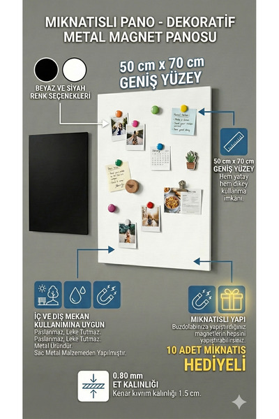 RİVO HOME DECOR 50X70 cm Black Decorative Metal Magnetic Board Magnet Board w...