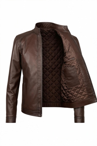 VELZANA  Erkek Kahverengi Hakiki Deri Ceket – Dik Yaka, Puntolu Kapitone Astar, Fermuarlı, Cepli