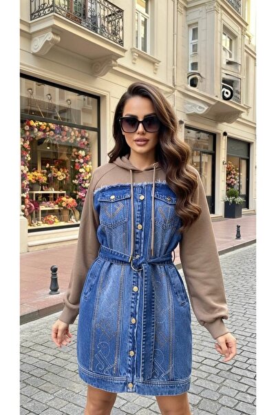 RED WOMAN FASHİON Denim Detailed Hooded Dress