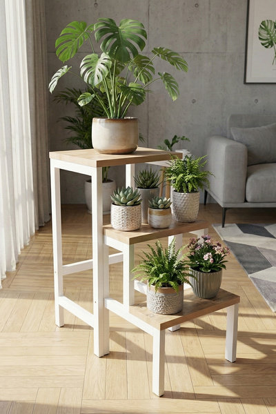 YüceerHome Katlanabilir Merdiven Tabure Çiçeklik Çok Amaçlı Kullanılabilir Merdiven Beyaz