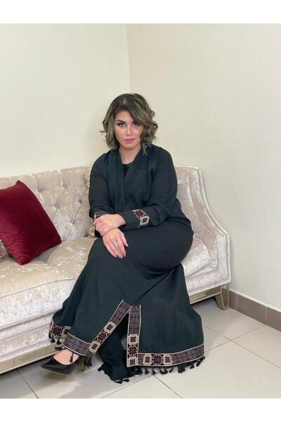 LocalShop Dark green abaya with thread embroidery