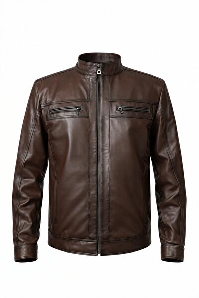 VELZANA Erkek Hakiki Deri Kahverengi Dik Yaka Ceket | Kapitoneli Astarlı, Fer...